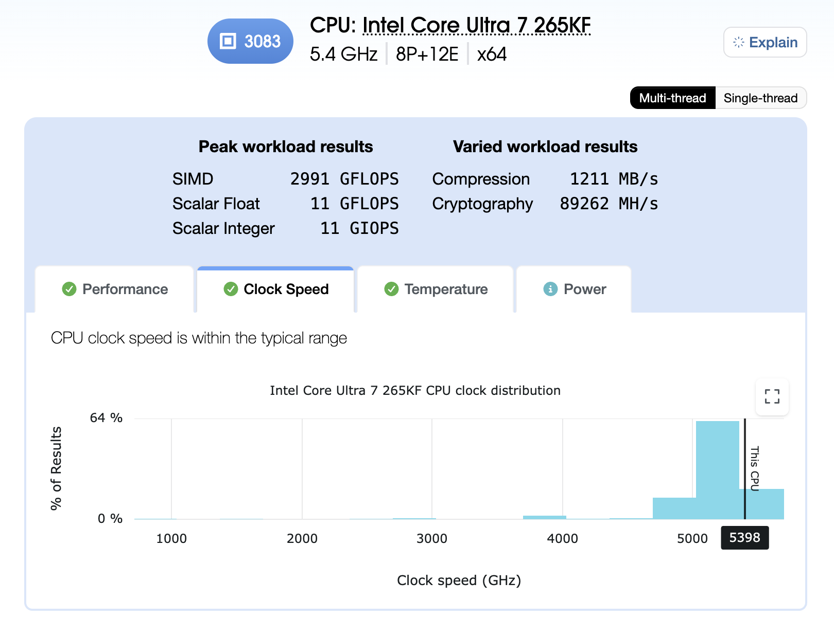 Novabench CPU benchmark results with multi-core and single-threaded scores, workload breakdown, and sensor data