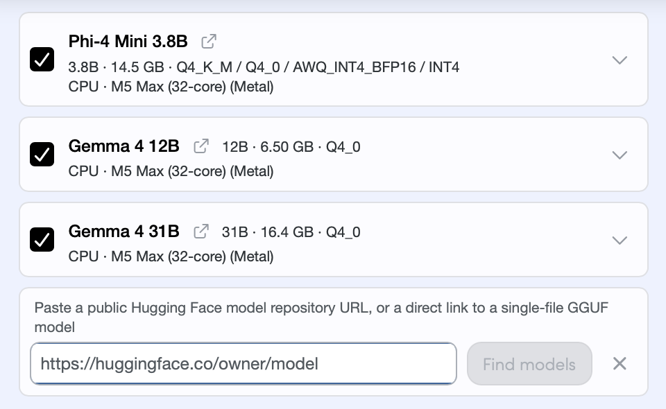 Novabench AI Tests model list with enabled tiers, download sizes, and expandable hardware runtime choices