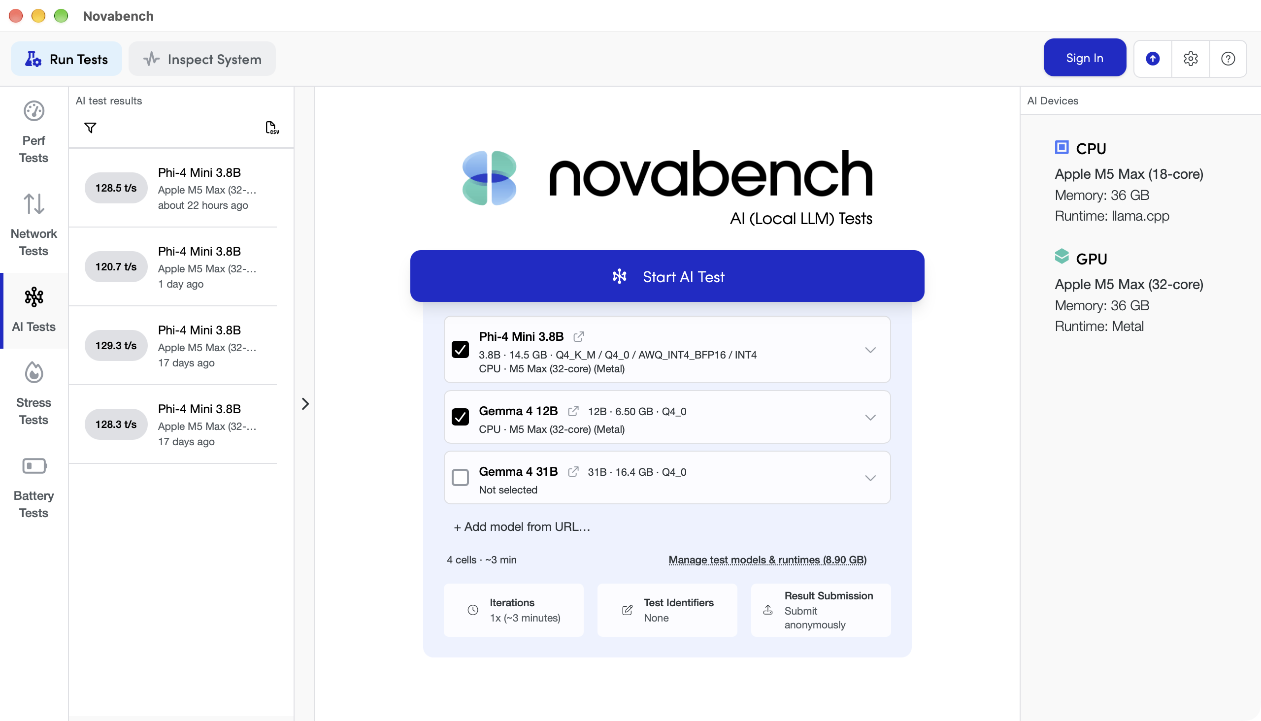 Novabench AI Tests configuration showing the 3.8B, 12B, and 31B model tiers with CPU and GPU runtime choices