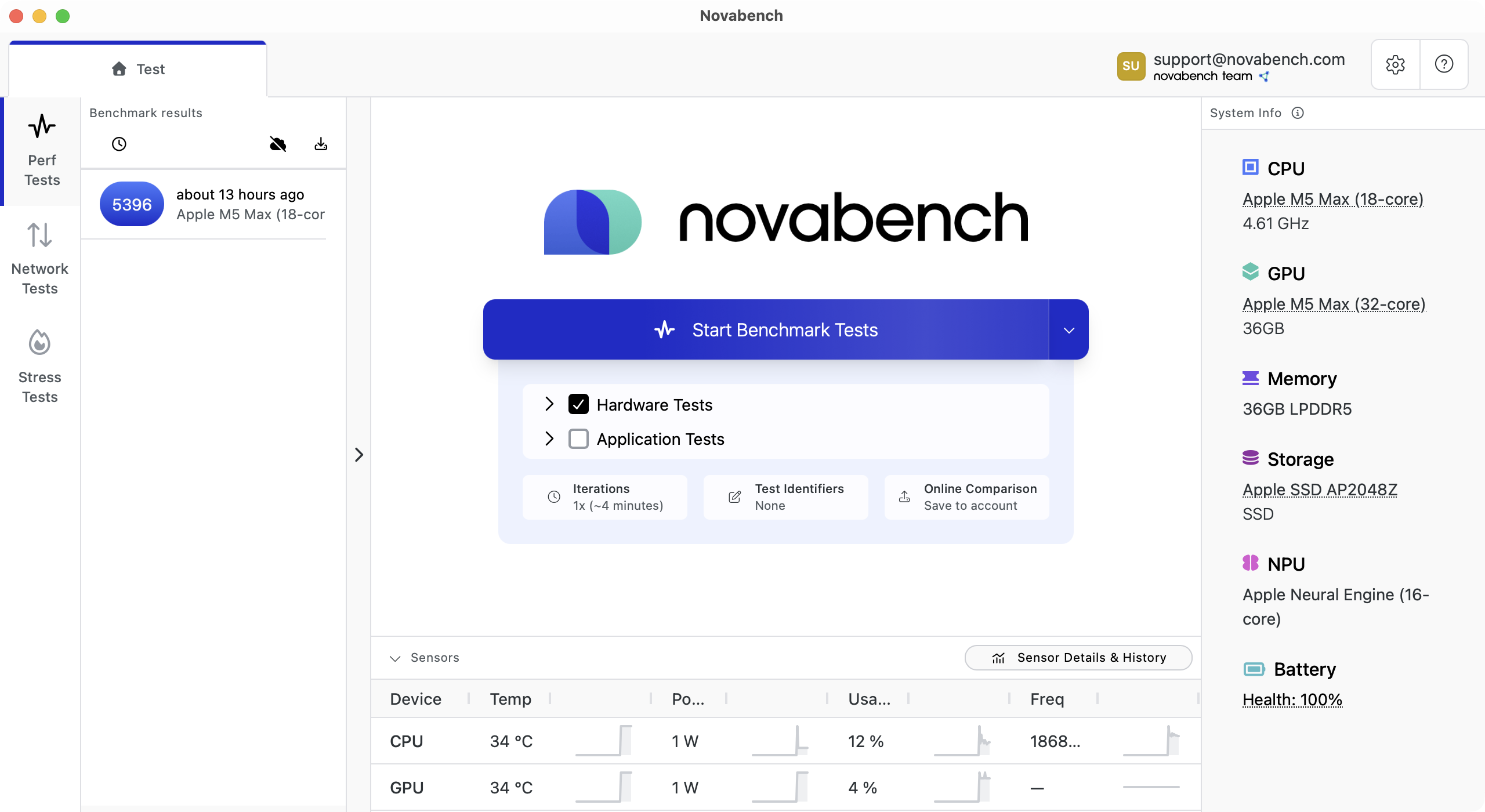 Novabench sensor dashboard showing live temperature and power readings with sparkline charts