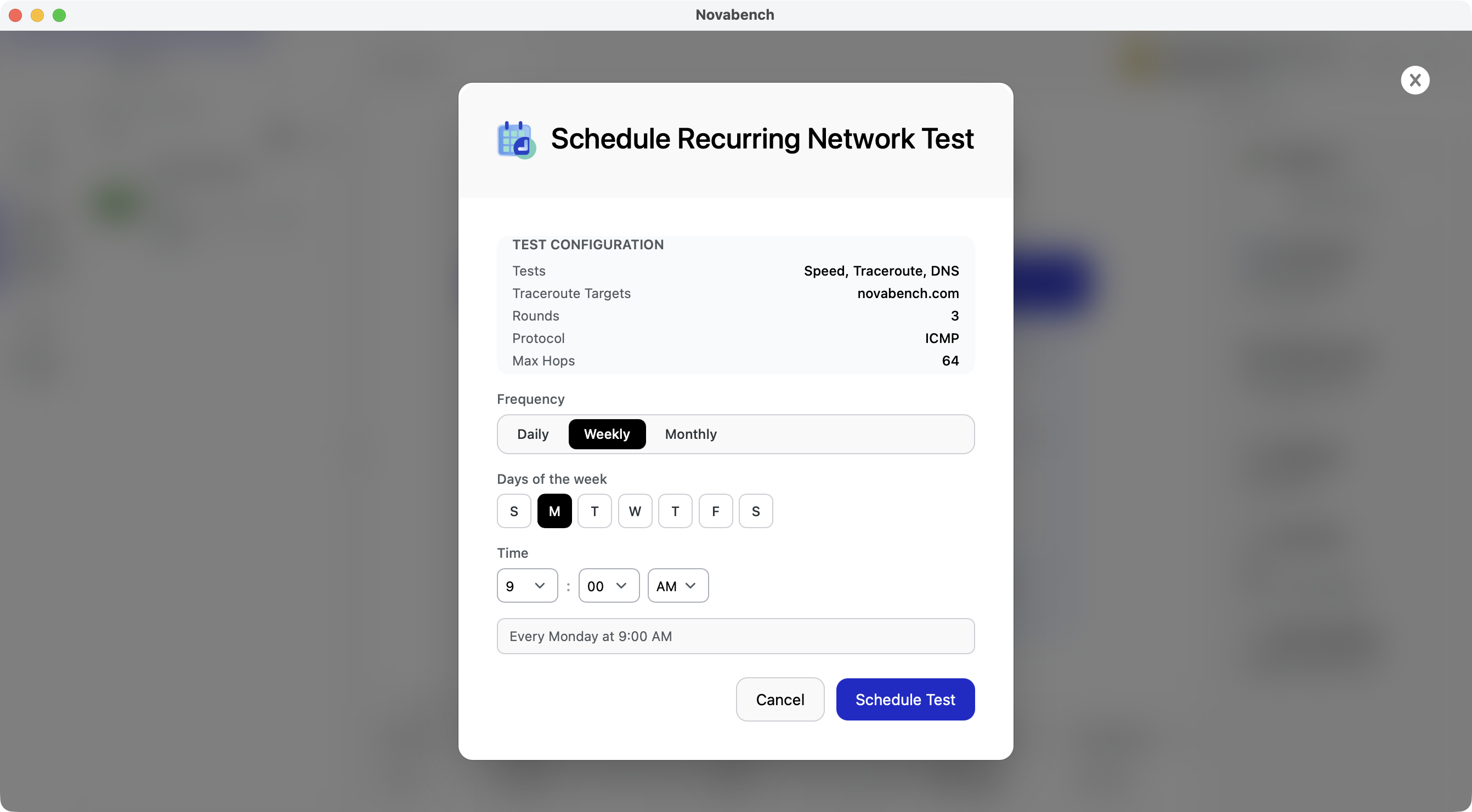 Novabench scheduled network test configuration for automated recurring speed tests