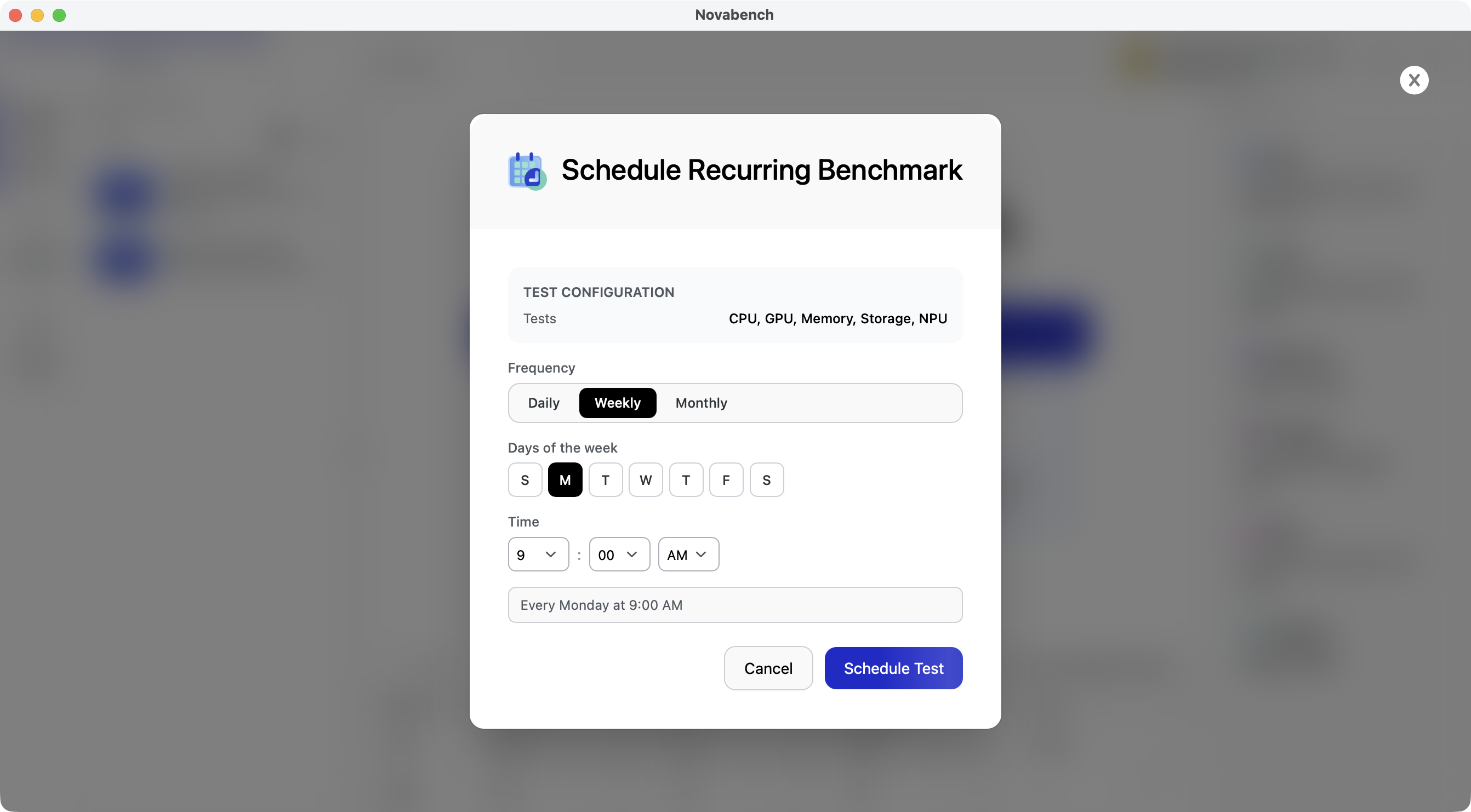 Novabench scheduled test configuration showing recurring benchmark setup