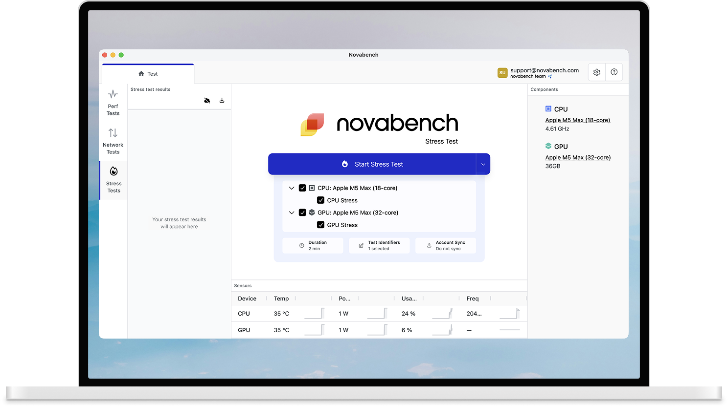 Novabench CPU and GPU stress test configuration screen with workload selection, duration settings, and real-time sensor data