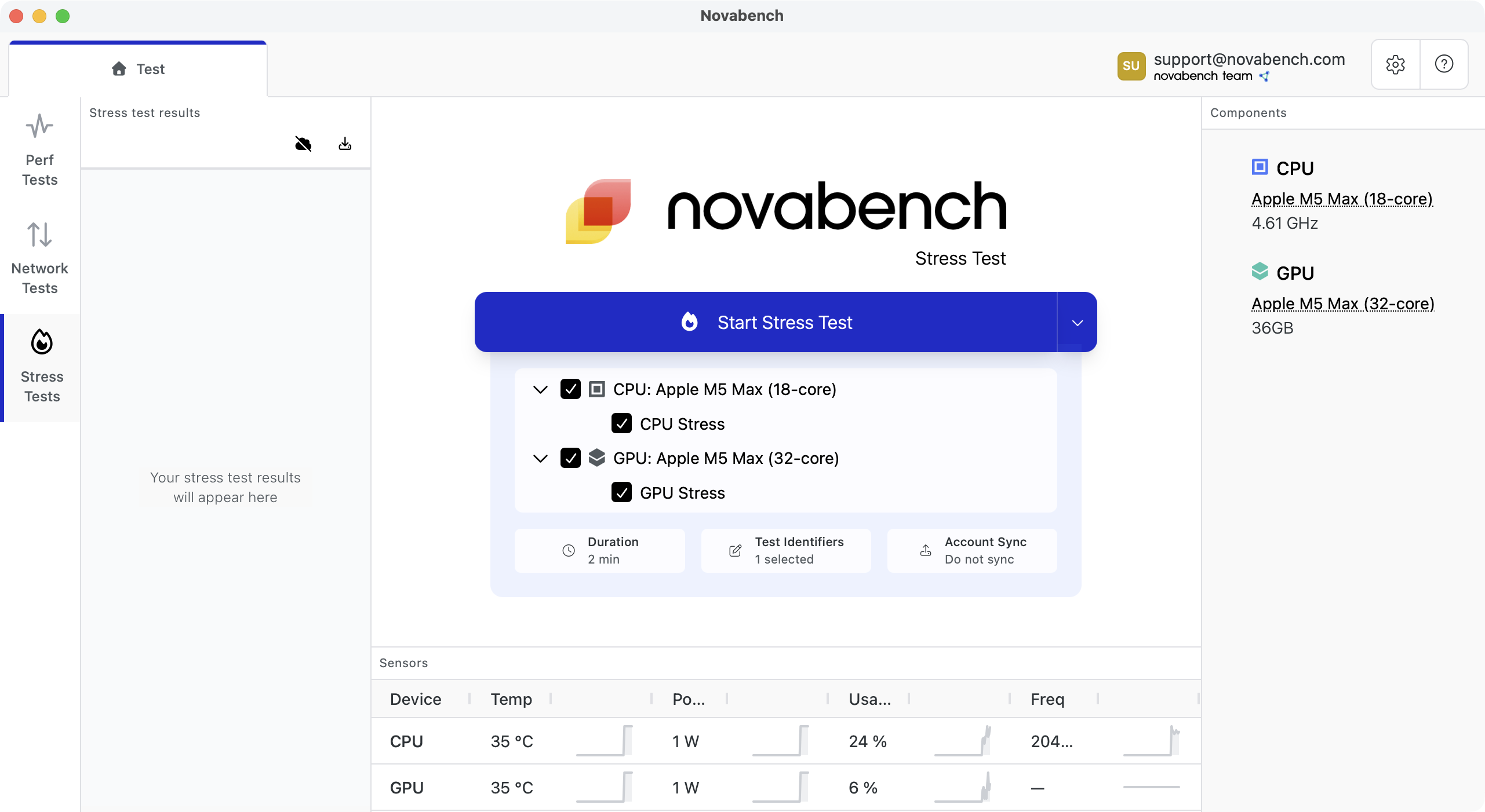 Novabench stress test configuration showing CPU and GPU workload options