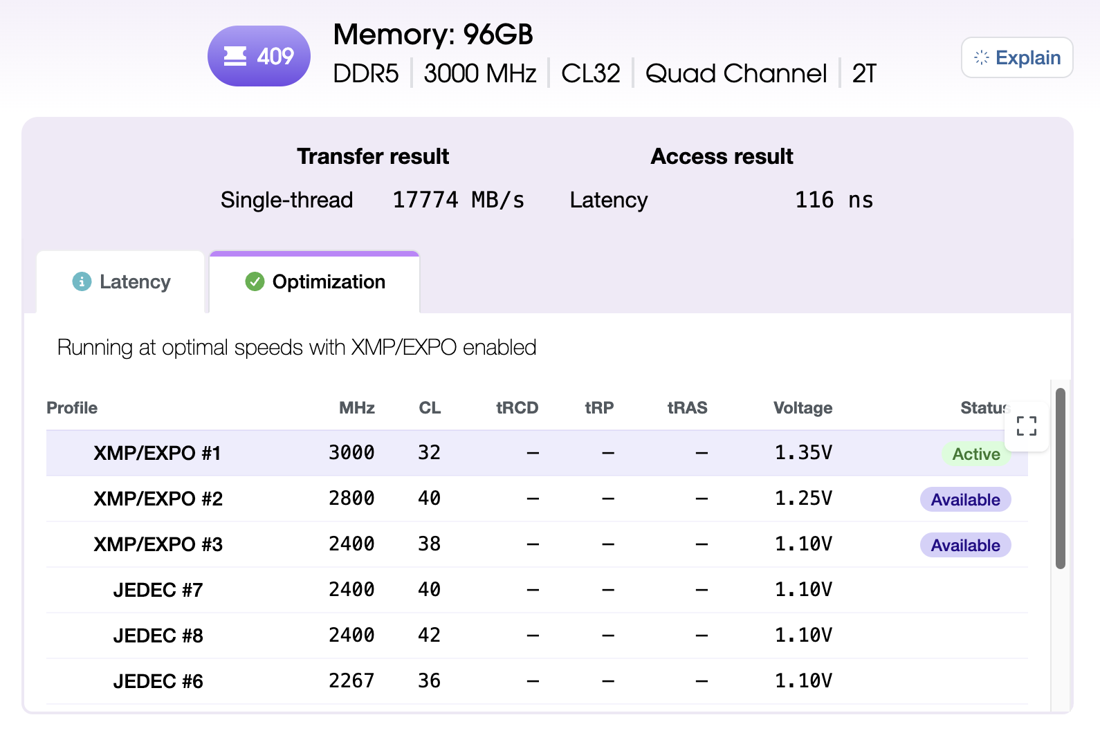 Novabench memory benchmark results showing transfer bandwidth and latency profile