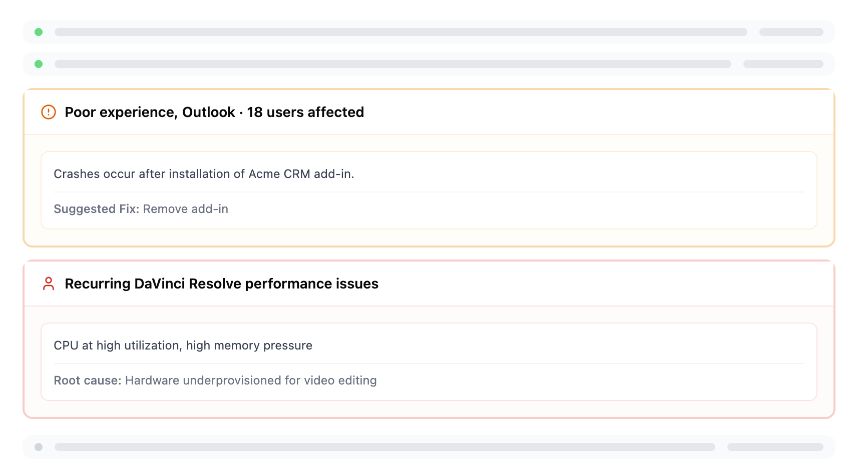 Novabench for Work fleet monitoring dashboard with device benchmark scores, baseline comparison chart, and issue detection
