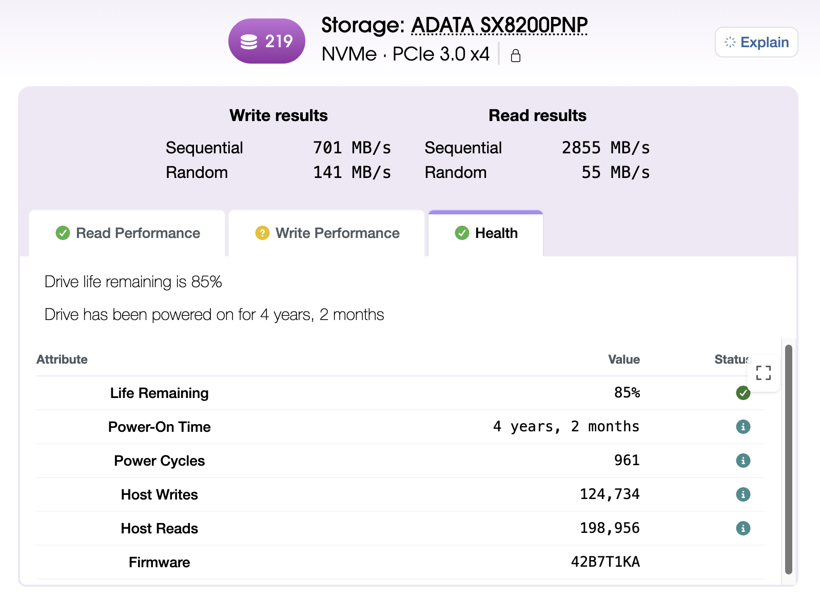 Novabench storage benchmark results showing sequential and random read/write speeds