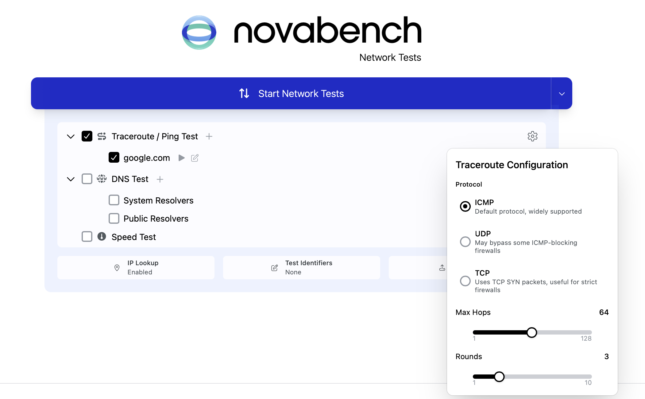 Novabench traceroute configuration with protocol, target list, hops, and rounds
